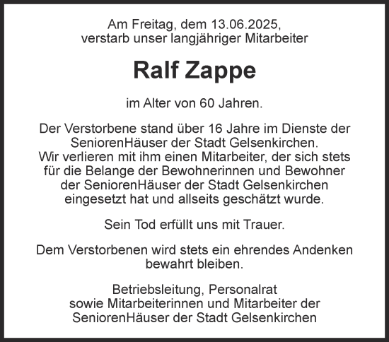 Traueranzeige von Ralf Zappe von Tageszeitung