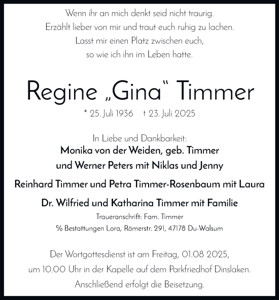Traueranzeige von Regine Timmer von Tageszeitung