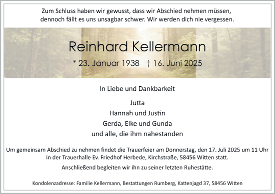 Traueranzeige von Reinhard Kellermann von Tageszeitung