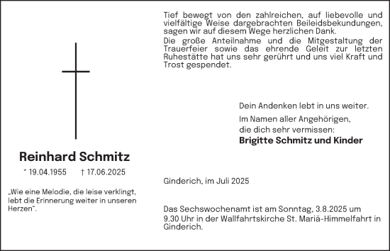 Traueranzeige von Reinhard Schmitz von Tageszeitung