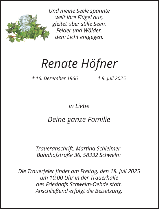 Traueranzeige von Renate Höfner von Tageszeitung