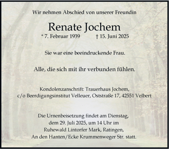 Traueranzeige von Renate Jochem von Tageszeitung