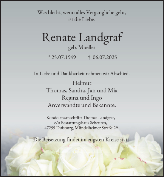 Traueranzeige von Renate Landgraf von Tageszeitung