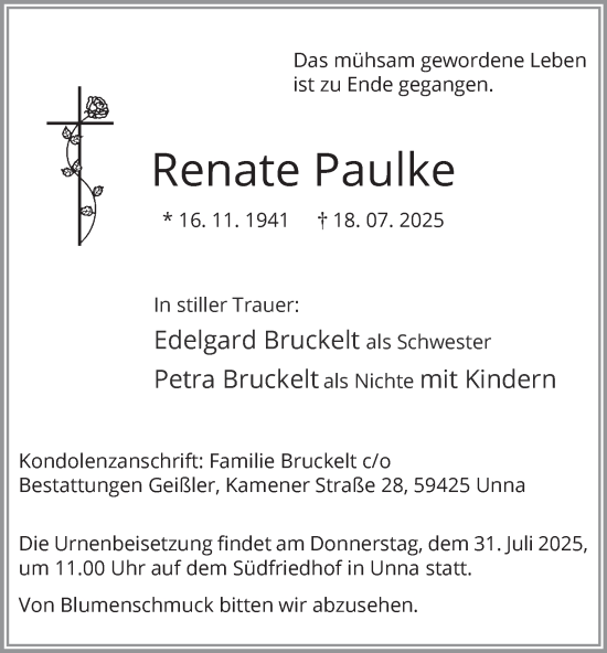 Traueranzeige von Renate Paulke von Tageszeitung