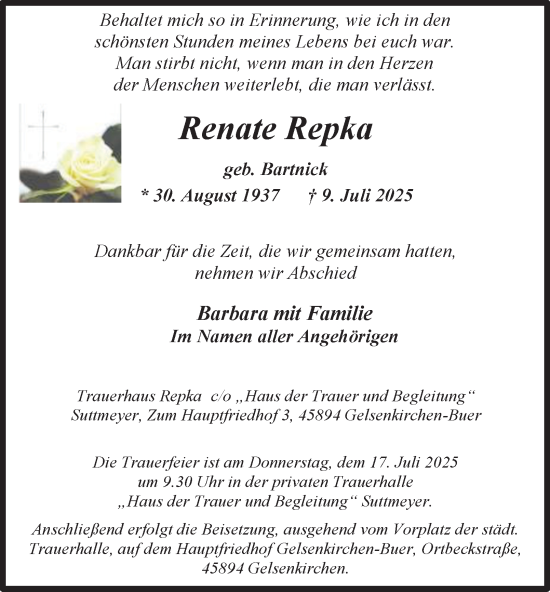 Traueranzeige von Renate Repka von Tageszeitung