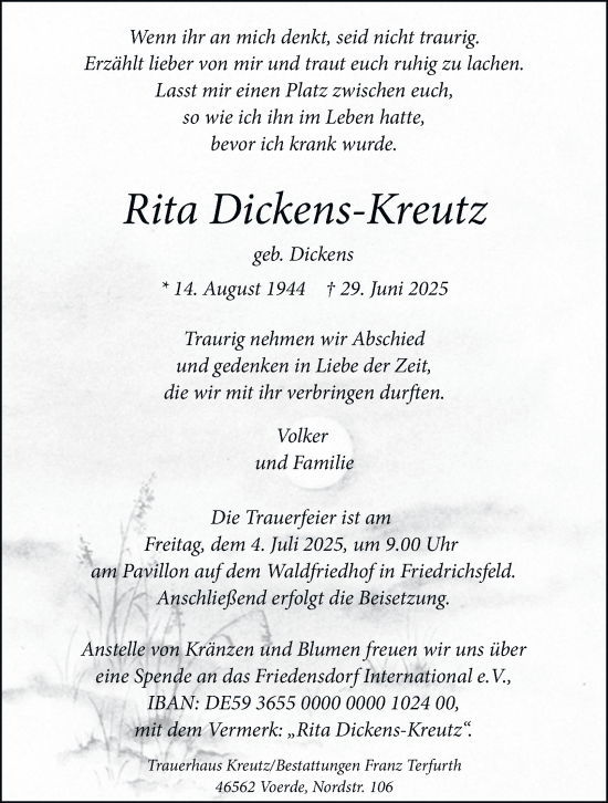 Traueranzeige von Rita Dickens-Kreutz von Tageszeitung