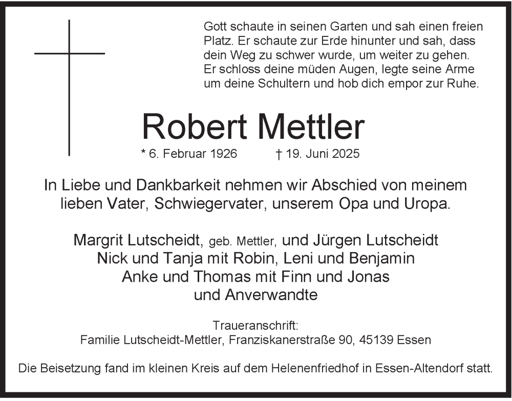  Traueranzeige für Robert Mettler vom 28.06.2025 aus Tageszeitung