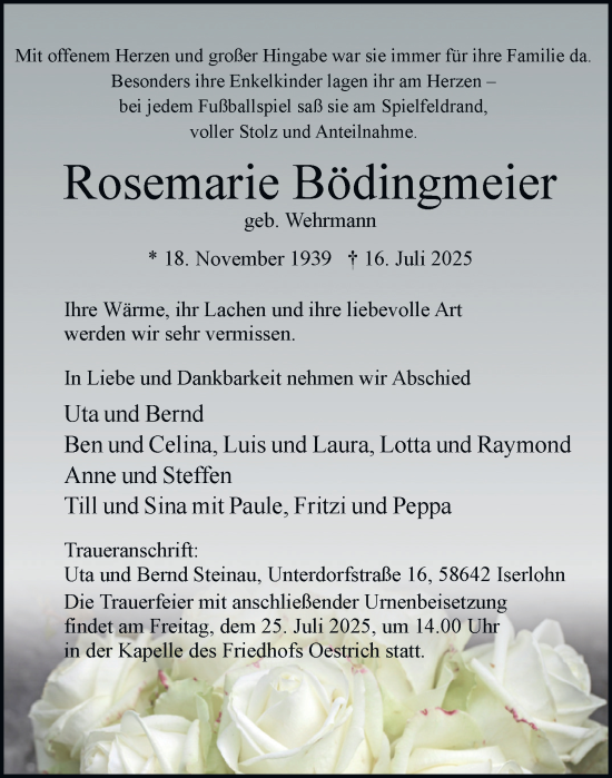 Traueranzeige von Rosemarie Bödingmeier von Tageszeitung