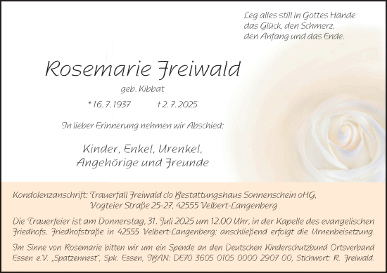 Traueranzeige von Rosemarie Freiwald von Tageszeitung