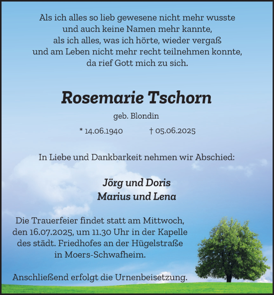 Traueranzeige von Rosemarie Tschorn von Tageszeitung