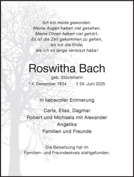 Traueranzeige von Roswitha Bach von Tageszeitung
