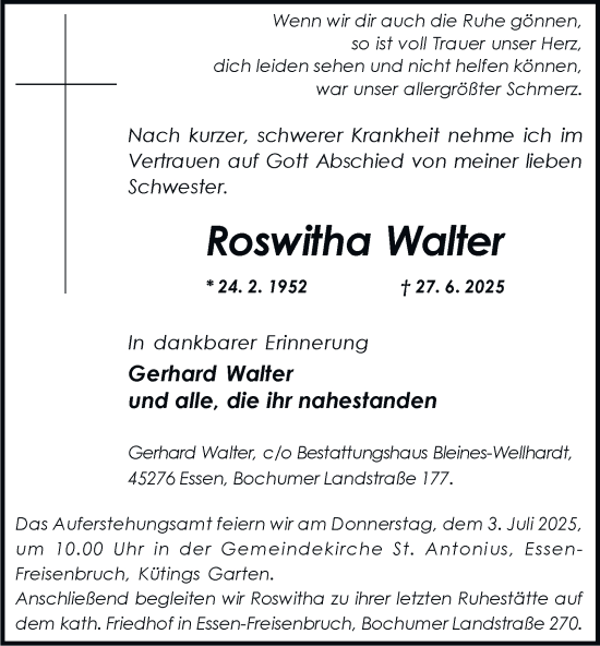 Traueranzeige von Roswitha Walter von Tageszeitung