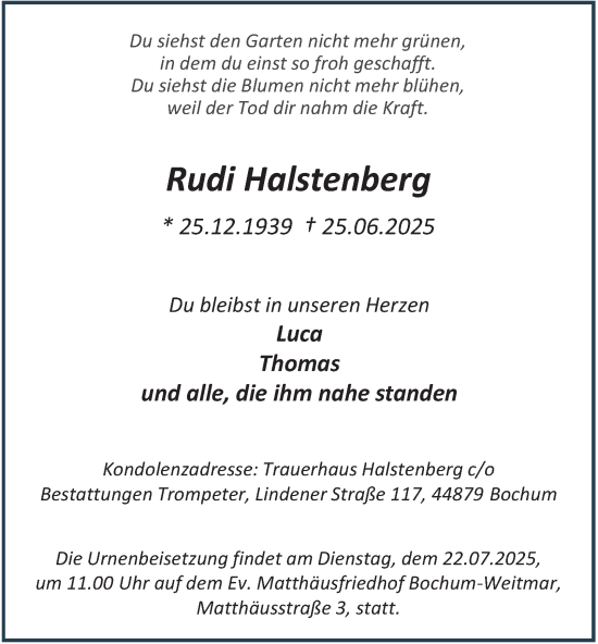 Traueranzeige von Rudi Halstenberg von Tageszeitung