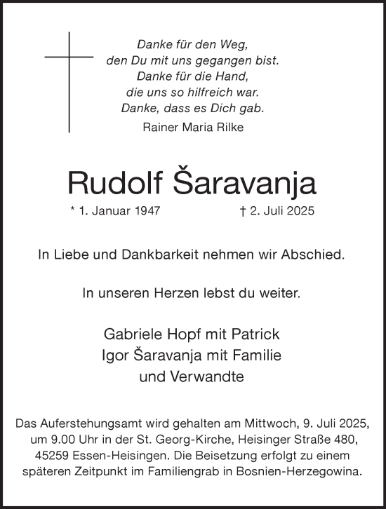 Traueranzeige von Rudolf Šaravanja von Tageszeitung
