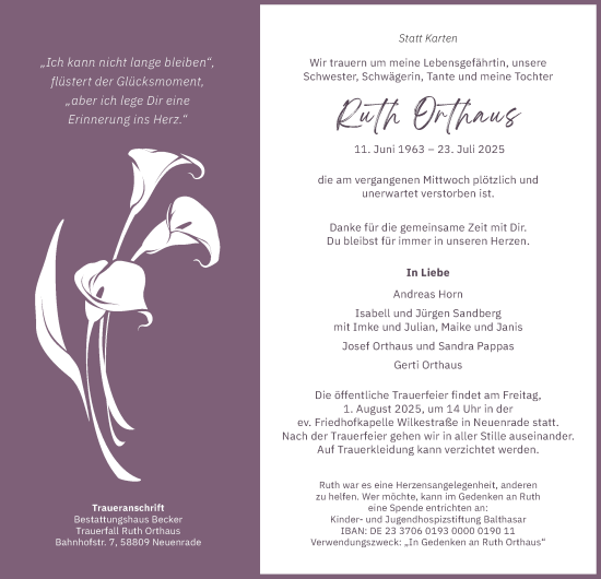 Traueranzeige von Ruth Orthaus von Tageszeitung