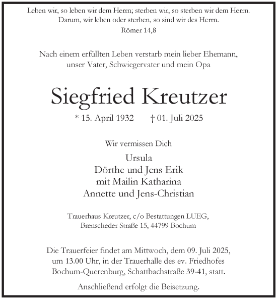 Traueranzeige von Siegfried Kreutzer von Tageszeitung