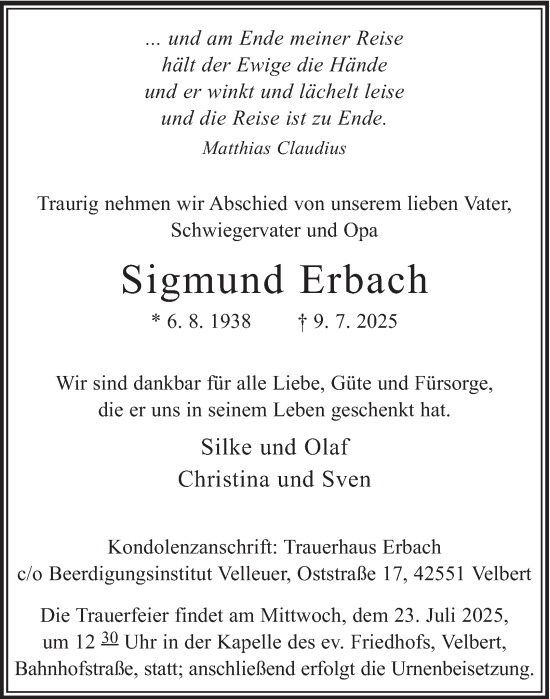 Traueranzeige von Sigmund Erbach von Tageszeitung