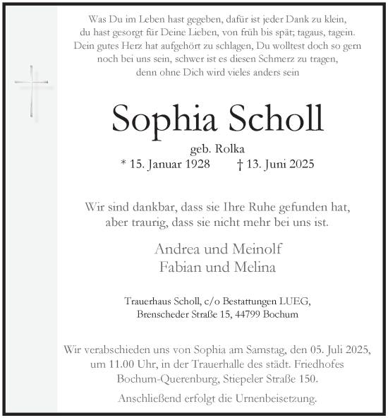 Traueranzeige von Sophia Scholl von Tageszeitung