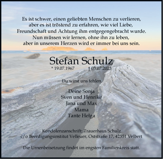Traueranzeige von Stefan Schulz von Tageszeitung