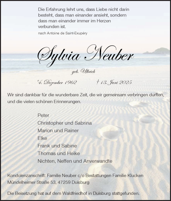 Traueranzeige von Sylvia Neuber von Tageszeitung