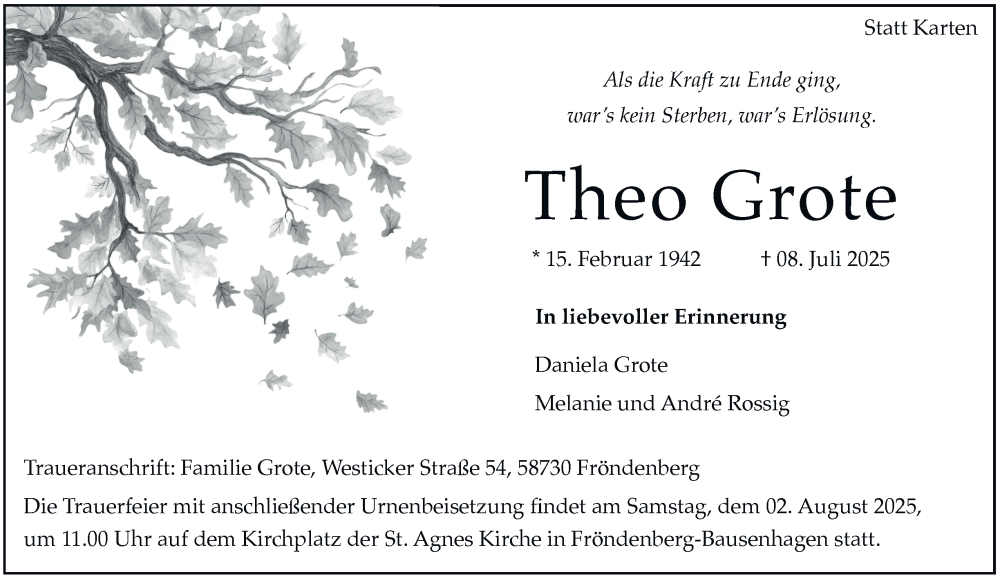  Traueranzeige für Theo Grote vom 26.07.2025 aus Tageszeitung