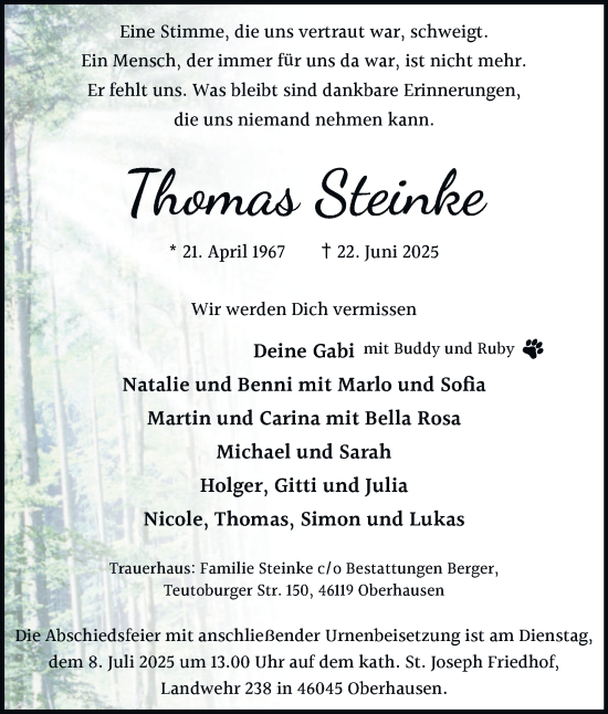 Traueranzeige von Thomas Steinke von Tageszeitung