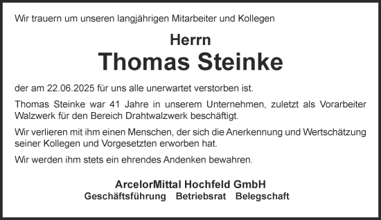Traueranzeige von Thomas Steinke von Tageszeitung