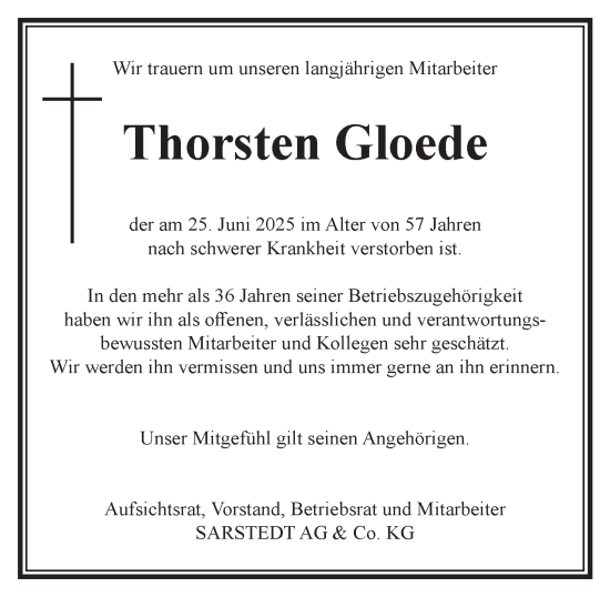 Traueranzeige von Thorsten Gloede von Tageszeitung