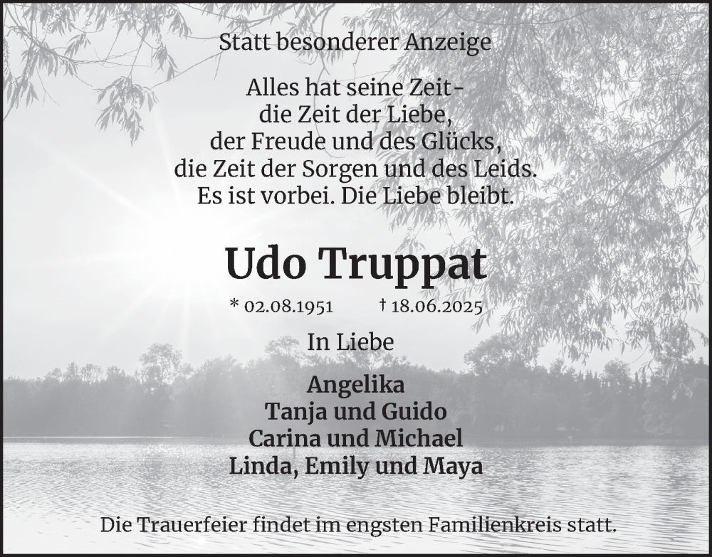  Traueranzeige für Udo Truppat vom 28.06.2025 aus Tageszeitung
