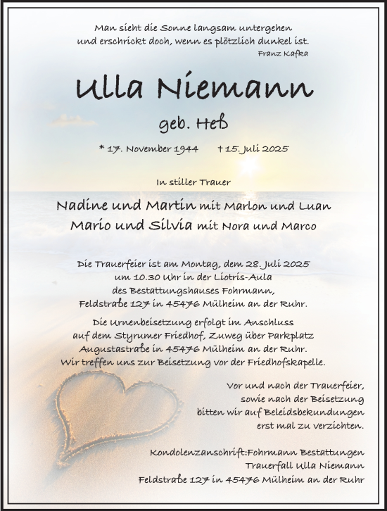 Traueranzeige von Ulla Niemann von Tageszeitung