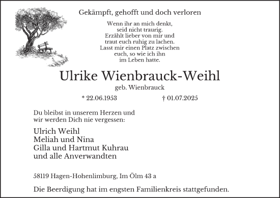 Traueranzeige von Ulrike Wienbrauck-Weihl von Tageszeitung