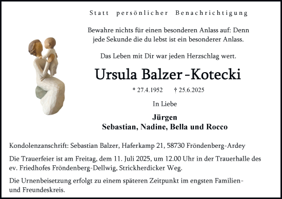 Traueranzeige von Ursula Balzer-Kotecki von Tageszeitung