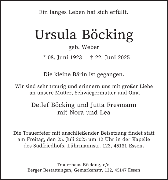 Traueranzeige von Ursula Böcking von Tageszeitung