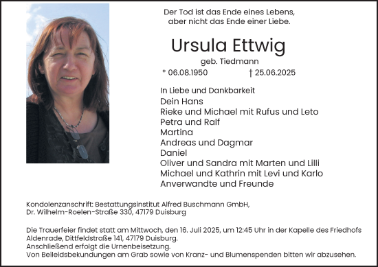 Traueranzeige von Ursula Ettwig von Tageszeitung