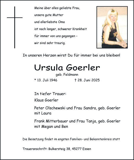 Traueranzeige von Ursula Goerler von Tageszeitung