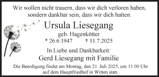 Traueranzeige von Ursula Liesegang von Tageszeitung
