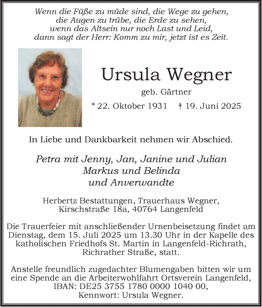 Traueranzeige für Ursula Wegner vom 05.07.2025 aus Tageszeitung