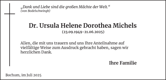 Traueranzeige von Ursula Helene Dorothea Michels von Tageszeitung
