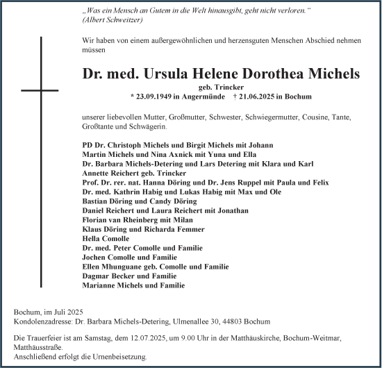 Traueranzeige von Ursula Helene Dorothea Michels von Tageszeitung