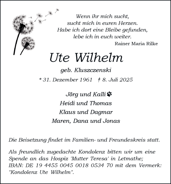 Traueranzeige von Ute Wilhelm von Tageszeitung