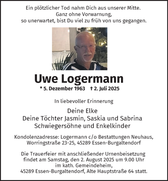 Traueranzeige von Uwe Logermann von Tageszeitung