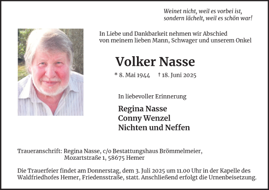 Traueranzeige von Volker Nasse von Tageszeitung