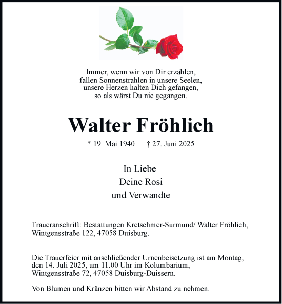 Traueranzeige von Walter Fröhlich von Tageszeitung