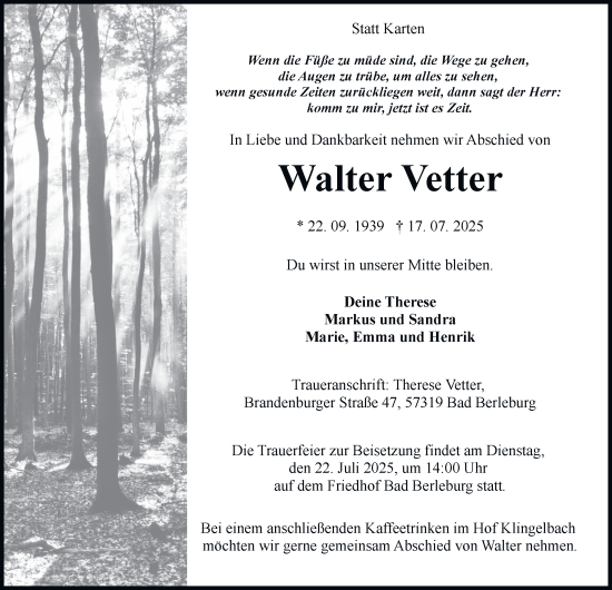 Traueranzeige von Walter Vetter von Tageszeitung