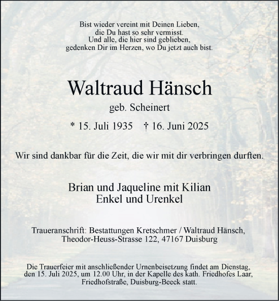 Traueranzeige von Waltraud Hänsch von Tageszeitung