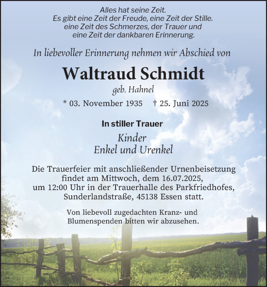 Traueranzeige von Waltraud Schmidt von Tageszeitung