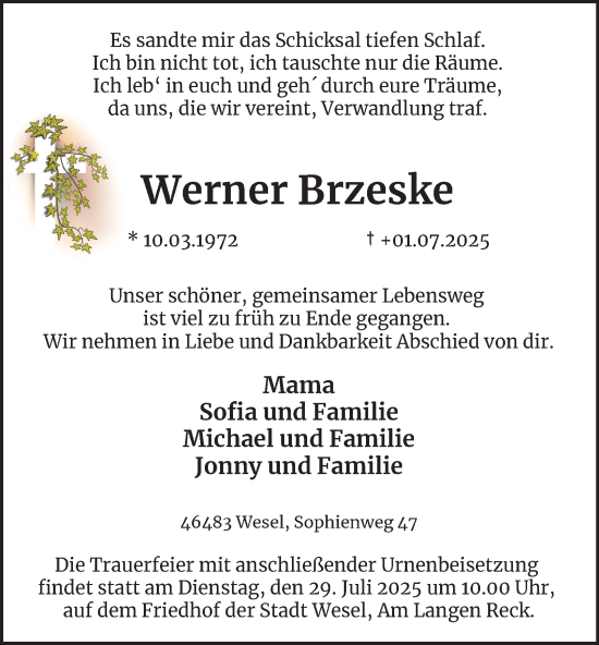 Traueranzeige von Werner Brzeske von Tageszeitung