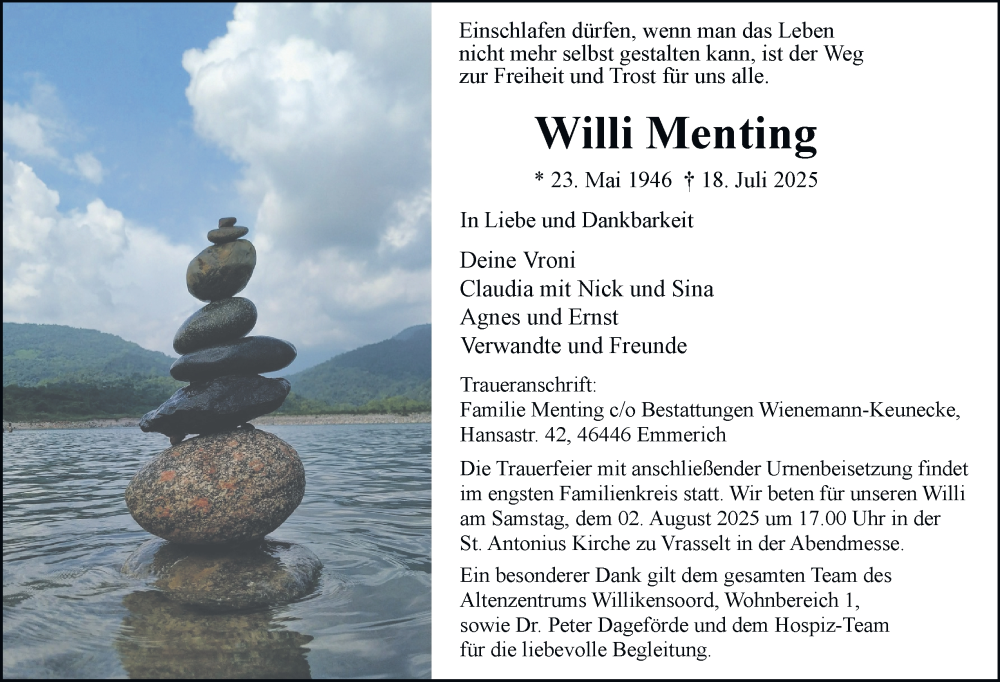  Traueranzeige für Willi Menting vom 26.07.2025 aus Tageszeitung