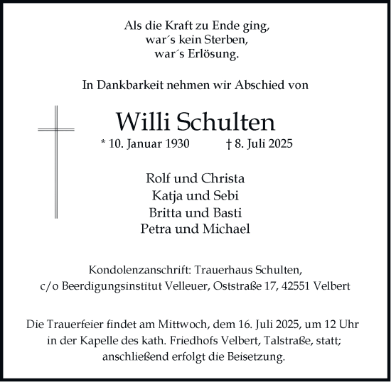 Traueranzeige von Willi Schulten von Tageszeitung