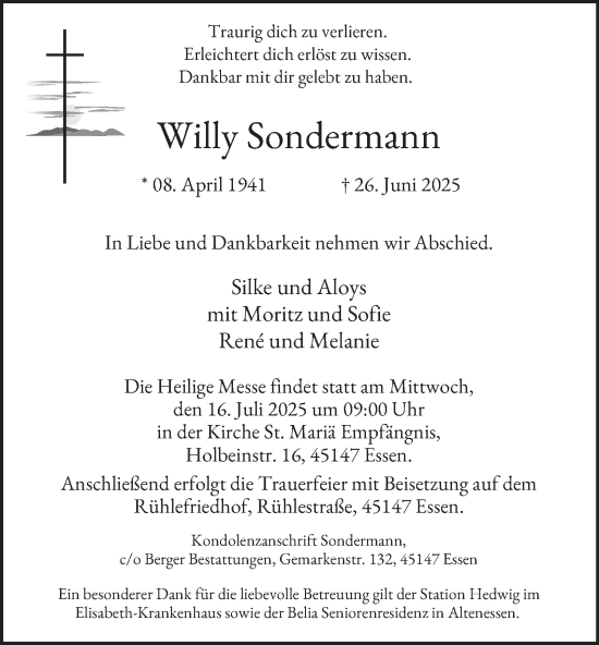 Traueranzeige von Willy Sondermann von Tageszeitung